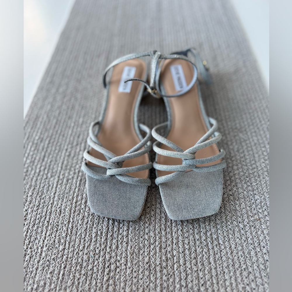 Steve Madden Light Blue Chambray Denim Wood Wedge Ankle Strap Sandals Size 9.5